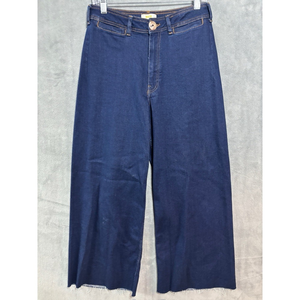 Maeve by Anthropologie Wide Leg Cropped Jeans Size 30 Dark Wash Denim Raw Hem